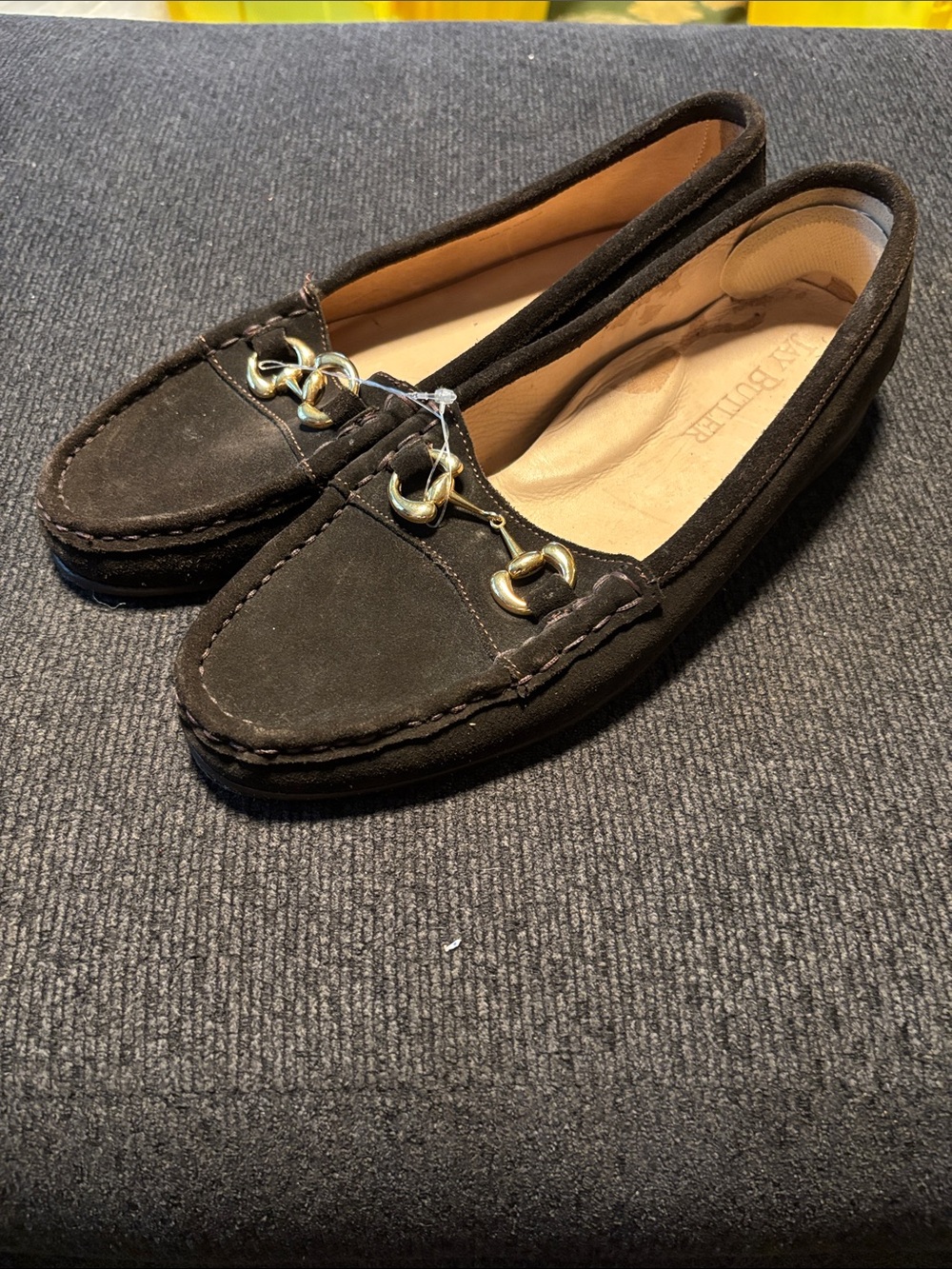 Anne Klein Dark Brown Suede Loafers with Gold Hardware